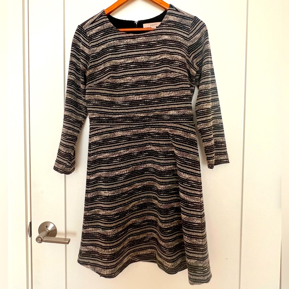 LOFT 3/4 sleeve black and white tweed dress